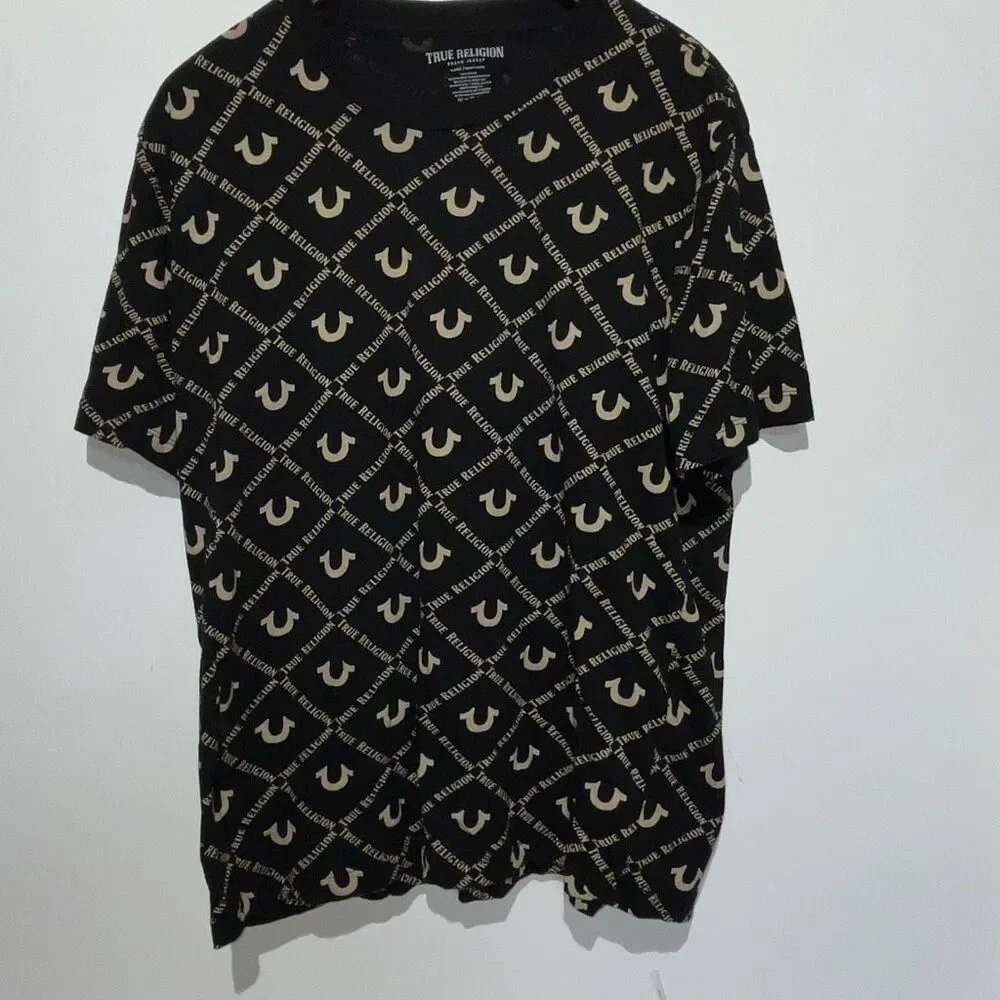 True Religion Mens Black Cream Monogram Crew Neck Cotton Short Sleeve T-Shirt XL
